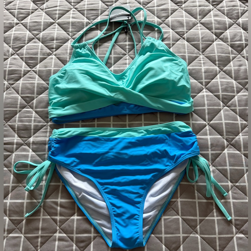 NWT ZAFUL Women’s High Waisted Bikini Set Teal and Blue